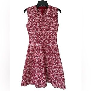 ALAIA Paris Sleeveless Jacquard Wool Blend Flare Dress 10 Red Scalloped Size 42